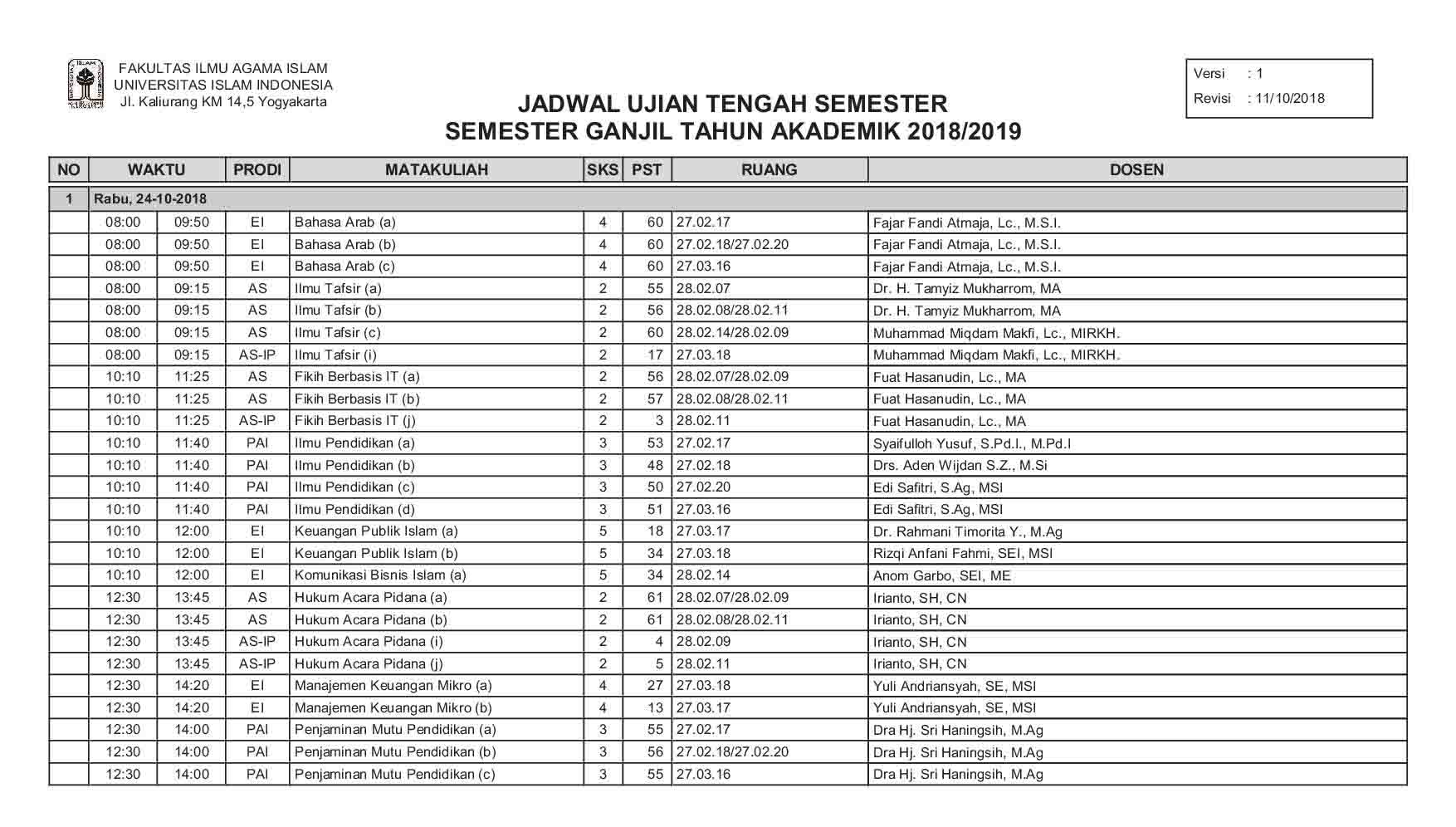 JADWAL UTS SEMESTER GANJIL 2018 2019 Fakultas Ilmu Agama Islam UII