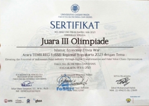 Sertifikat Juara 3 Olimpiade Ekonomi Islam TEMILREG 2023