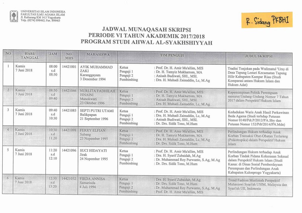 Jadwal Munaqasah Prodi AS Periode VI 2017/2018 [REVISI